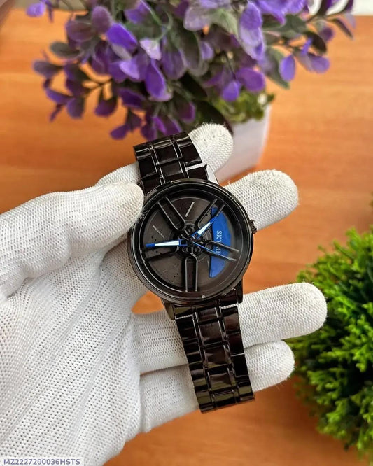 Men Stainless Steel Spinning Watch Blue Dial Black Strap