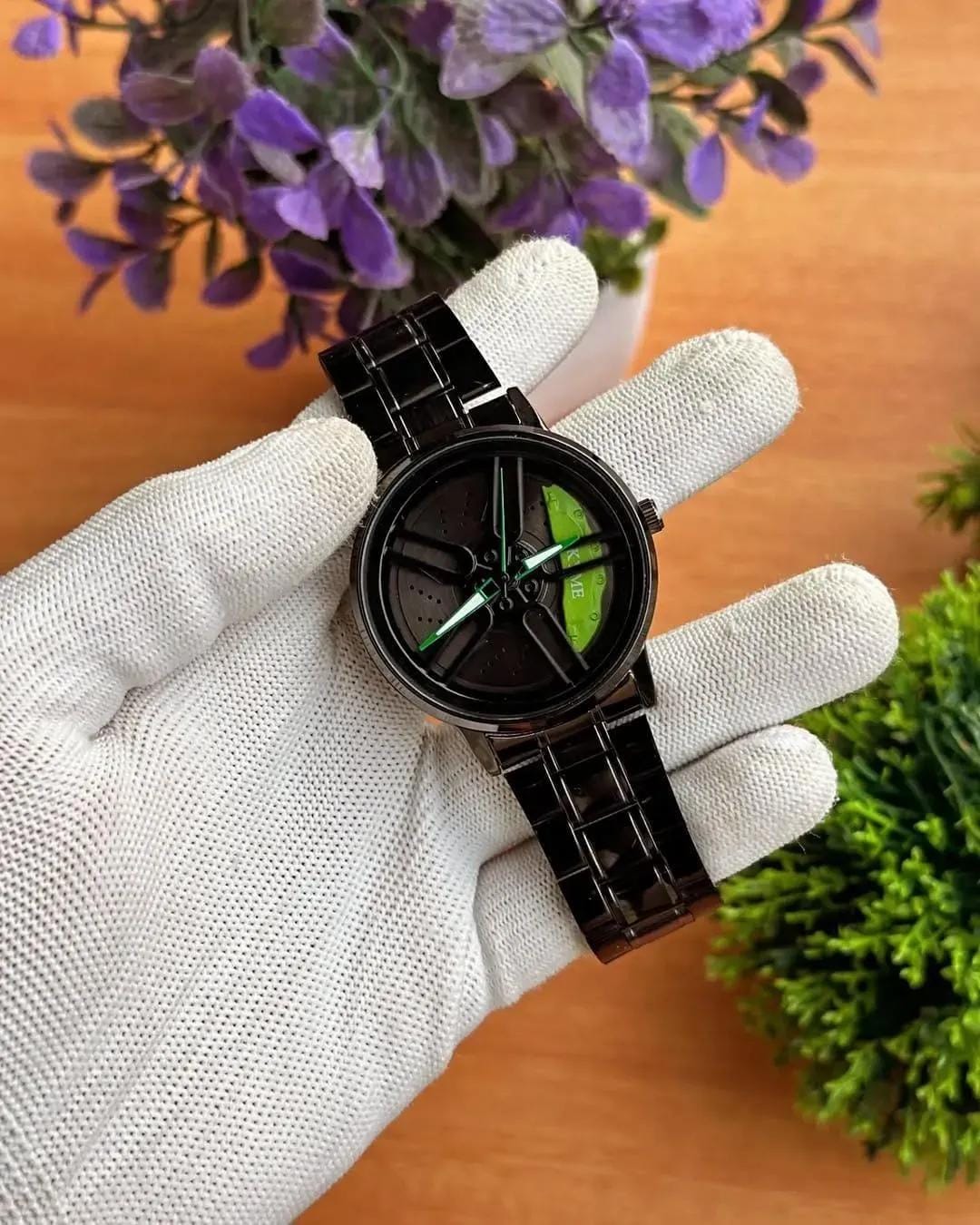 Men Stainless Steel Spinning Watch Blue Dial Black Strap