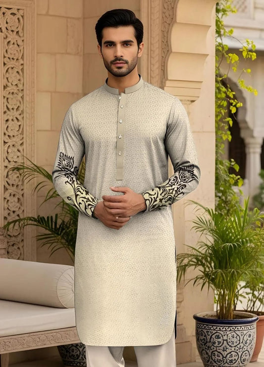 Unstitched Cotton Kurta Off-White Black Embroidery Summer Wear