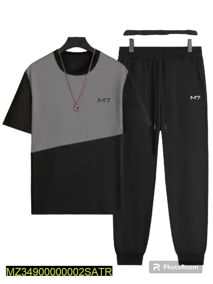 Men's Black Printed Tracksuit Set M7 Polyester