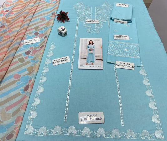 Branded 3 Pcs Light Blue Embroidery Kurta