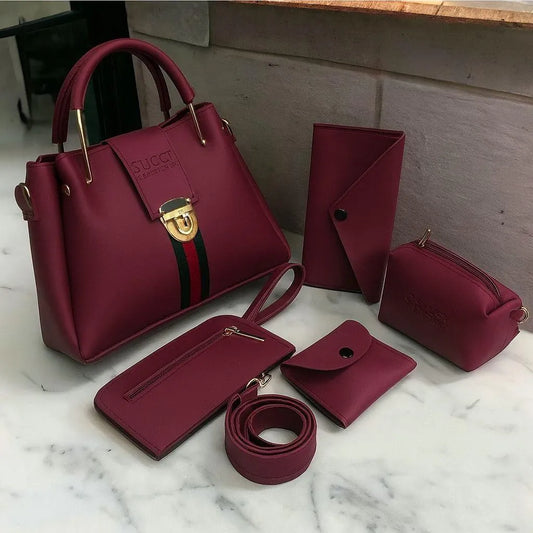 Maroon 5 Piece Rexine Handbag Set for Girl's