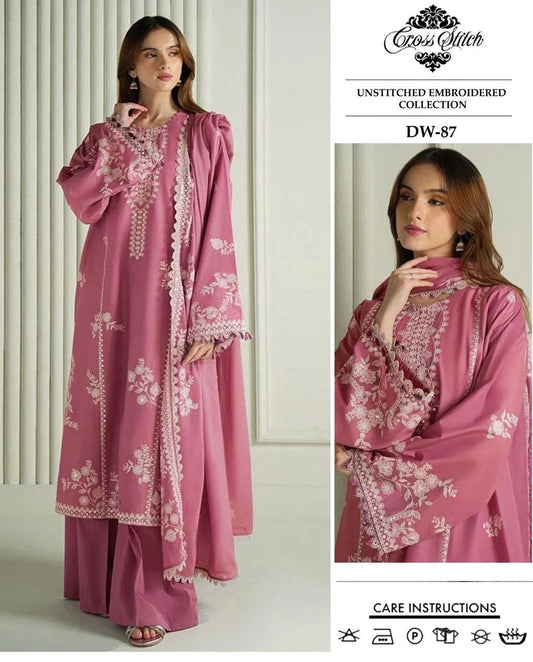 Pink Embroidered Lawn 3 Pcs Suit with Khaadi Dupatta