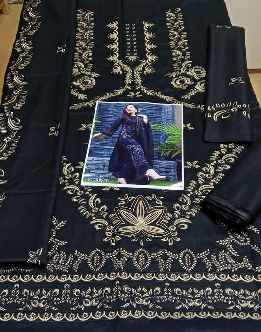 Black Embroidery 3-Piece Lawn Suit For Women
