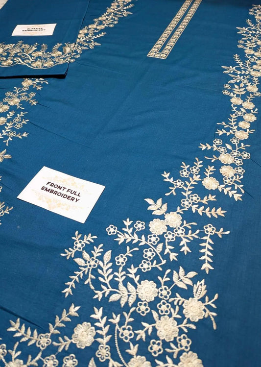Unstitched Lawn Suit Blue Gold Embroidery For Events