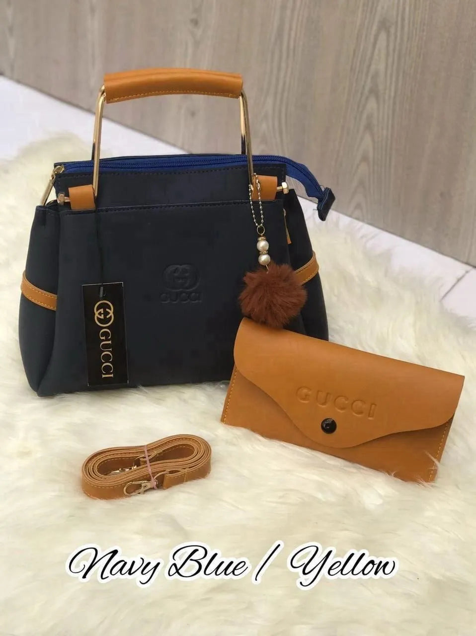 Navy Blue Leather Handbag Set with Wallet