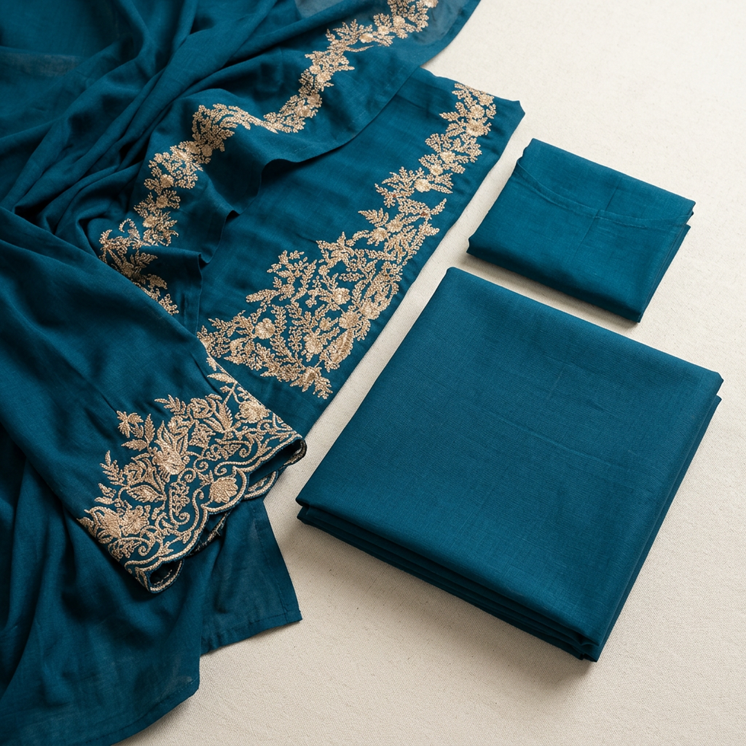 Unstitched Lawn Suit Blue Gold Embroidery For Events