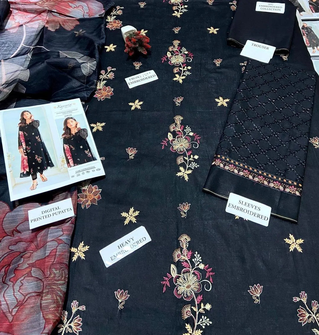 Kasriya Embroidered Lawn 3 Pcs Black Pink Suit