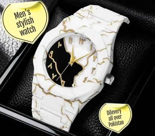 Men Carbon Fiber Marble Watch White Gold