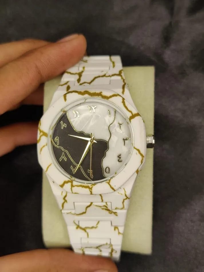 Men Carbon Fiber Marble Watch White Gold
