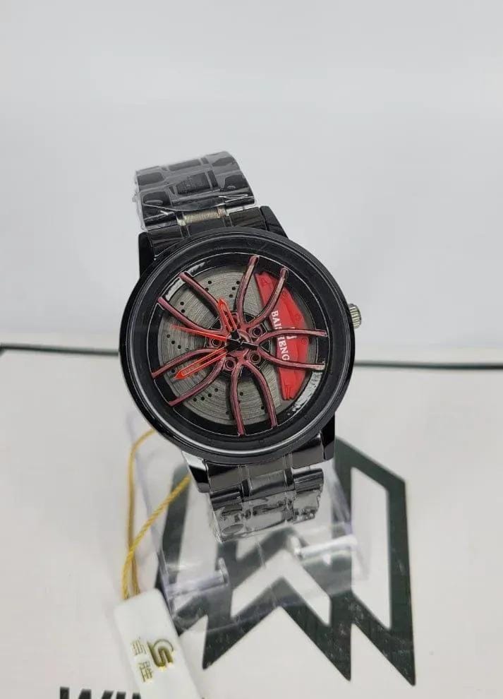 Men Stainless Steel Spinning Watch Blue Dial Black Strap