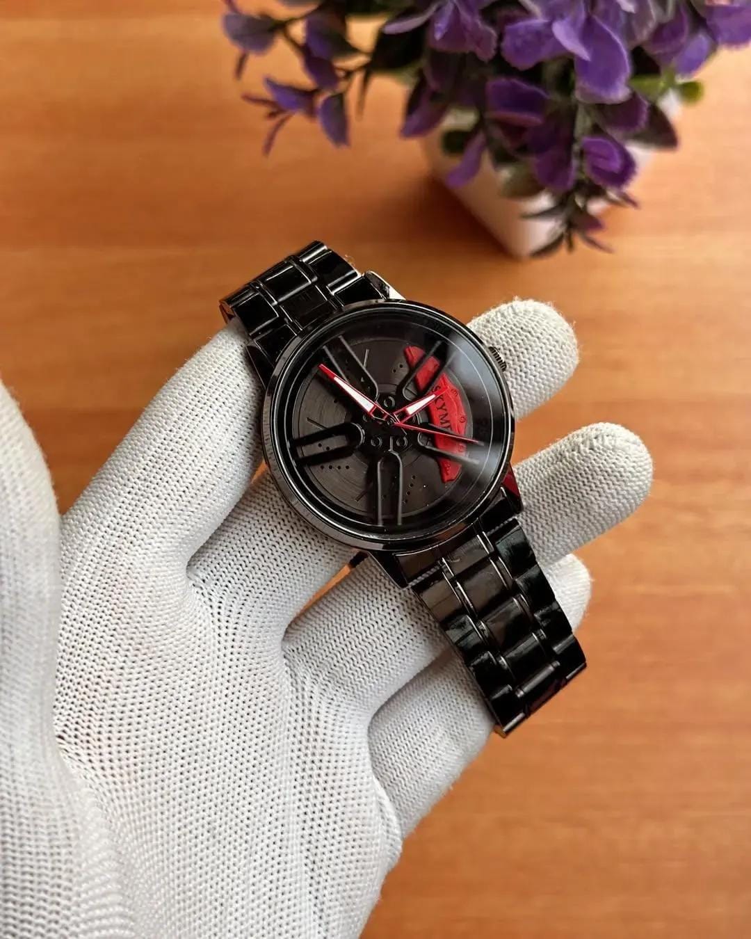 Men Stainless Steel Spinning Watch Blue Dial Black Strap