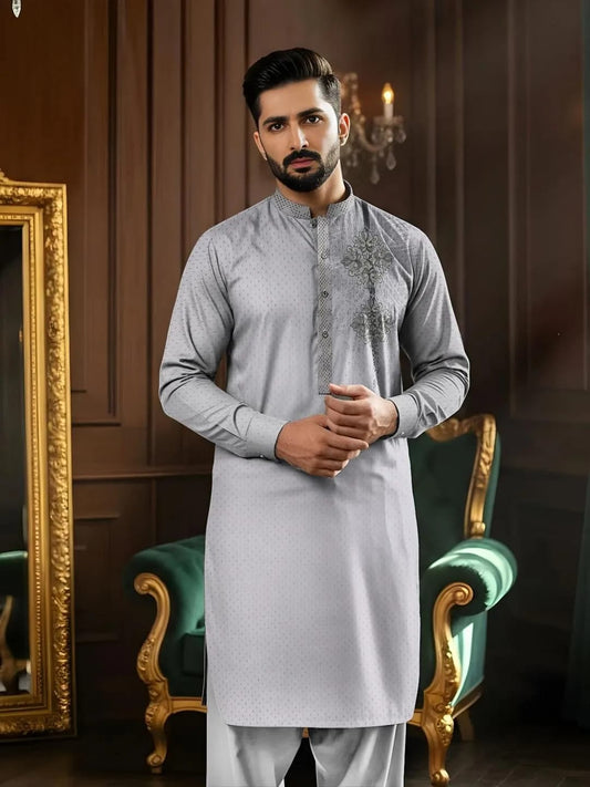 Men Unstiched Cotton Embroidered Suit-Perfect For Weddings & Eid