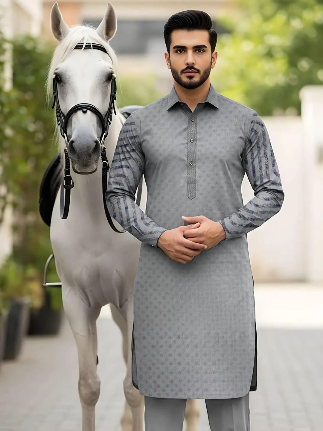 Men Cotton Self Print Suit Grey 3.5 Gazz All Season