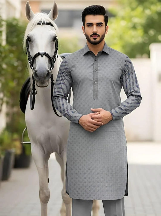 Men Cotton Self Print Suit Grey 3.5 Gazz All Season