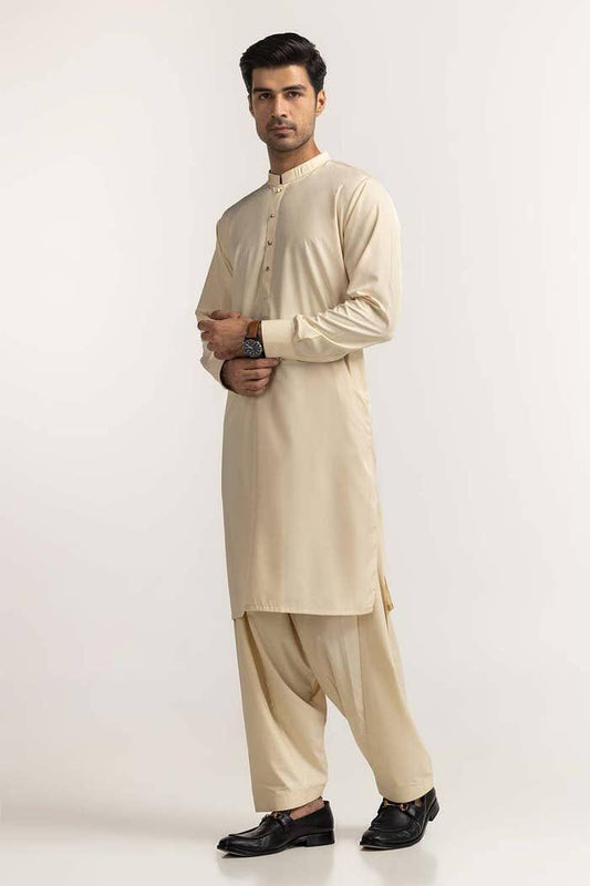 Men Boski Plain Suit Mustard 8-  button UnStitched