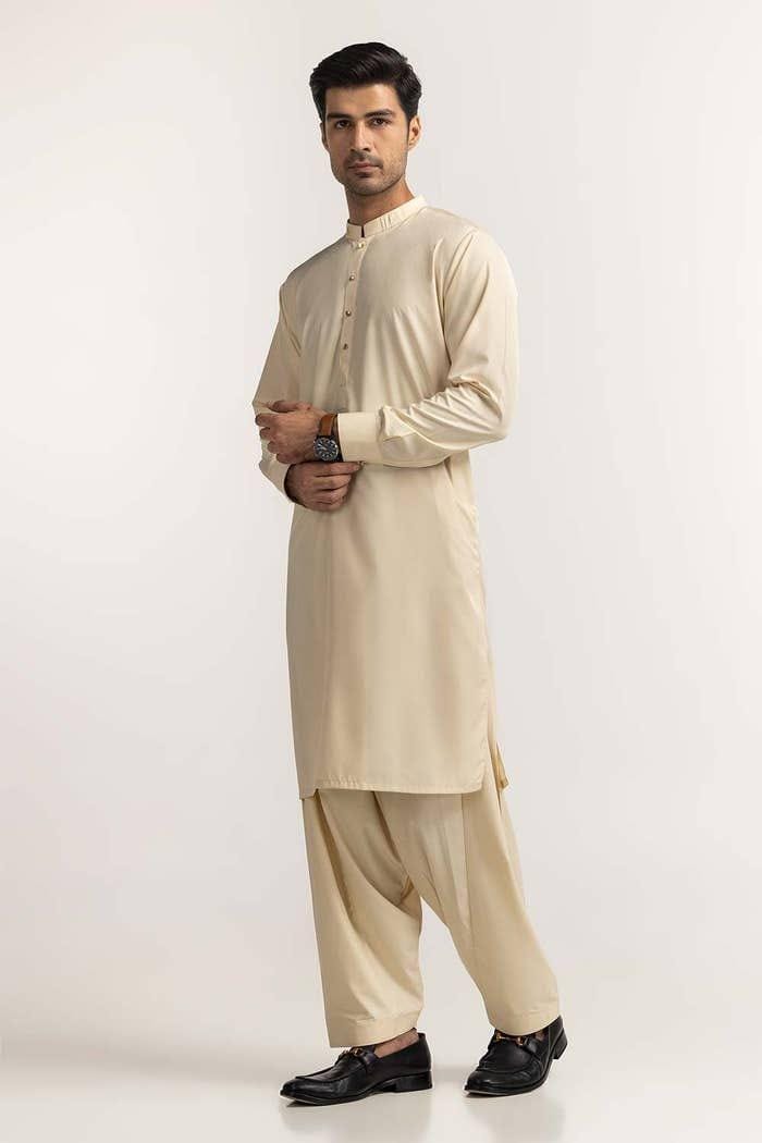 Men Boski Plain Suit Mustard 8-  button UnStitched