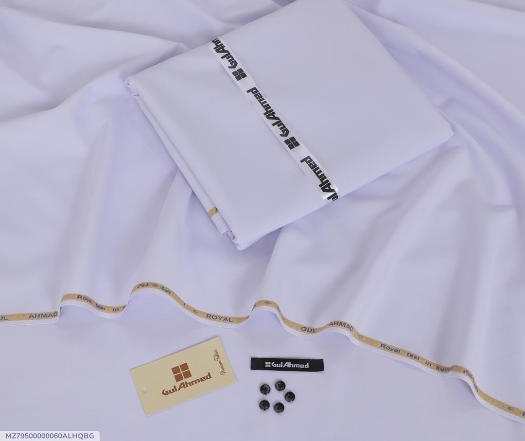 Men White Wash & Wear Plain Suit Fabric 4M Gul Ahmad
