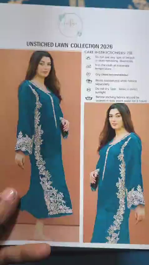 Unstitched Lawn Suit Blue Gold  Embroidery For Events