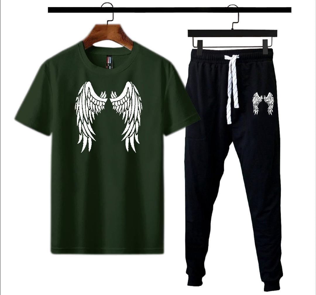 Men's Angel Wings Graphic Cotton Track Suit Black Green Medium to XL