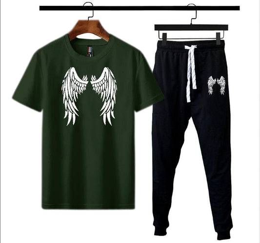 Men's Angel Wings Graphic Cotton Track Suit Black Green Medium to XL