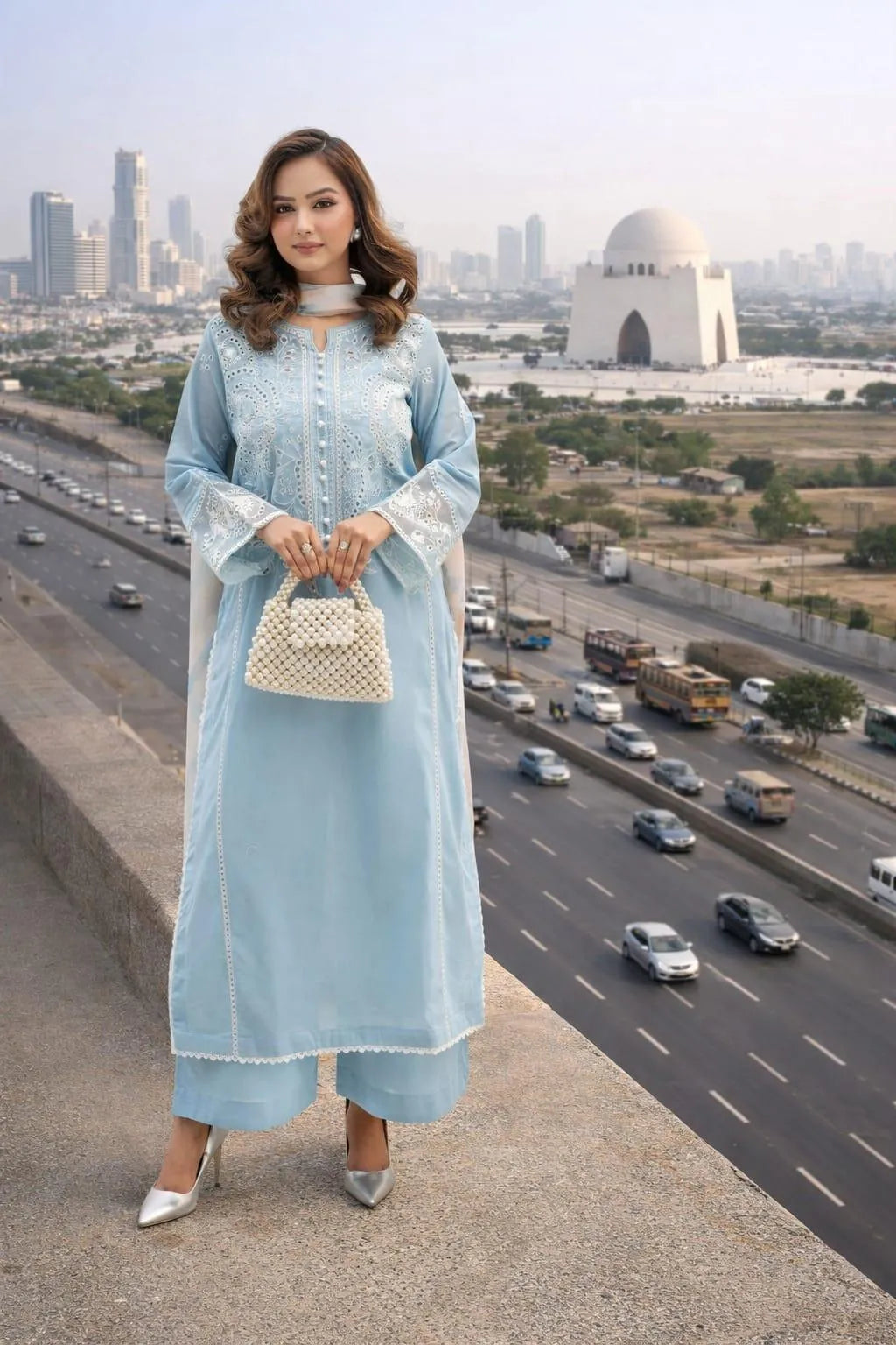 Branded 3 Pcs Light Blue Embroidery Kurta