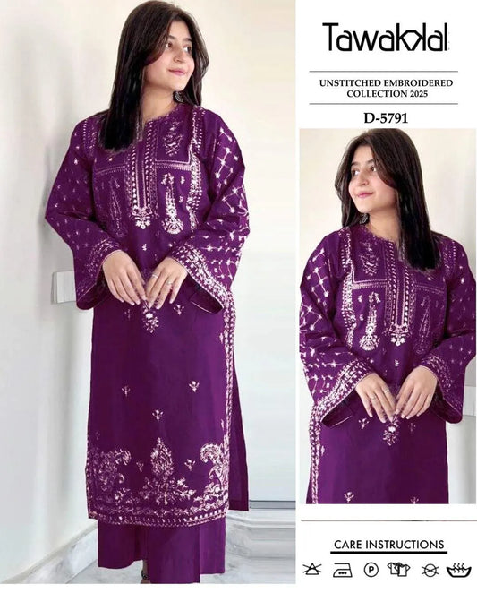 2 Pcs Purple Embroidery Tawakal Kurta Set for Woman