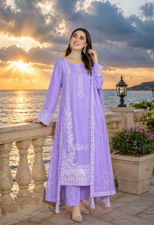 3 Pcs Purple Embroidery Lawn Suit