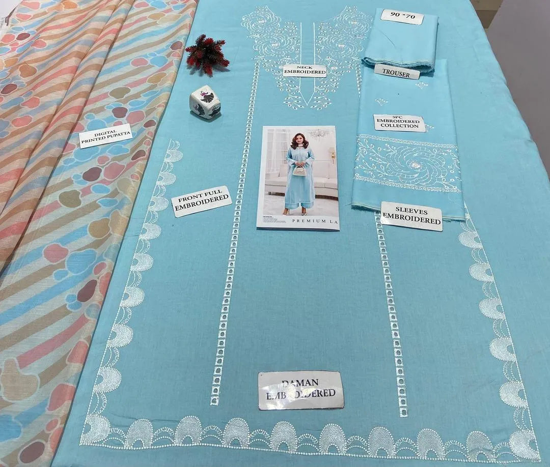 Branded 3 Pcs Light Blue Embroidery Kurta