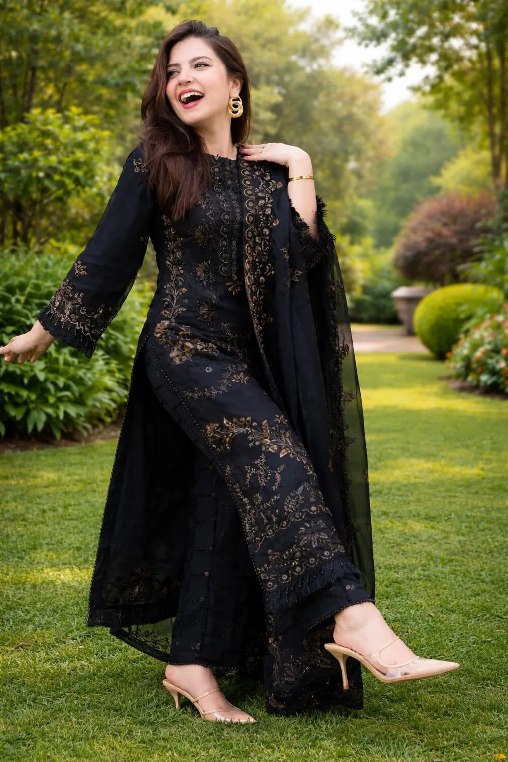 Black Embroidery 3-Piece Lawn Suit For Women
