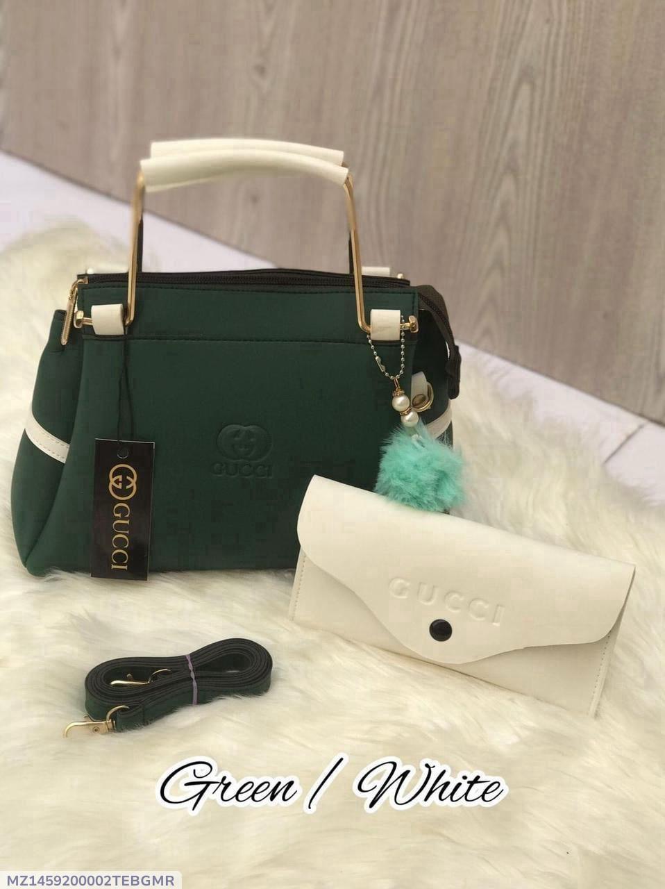 Green White Faux Leather Handbag With Wallet