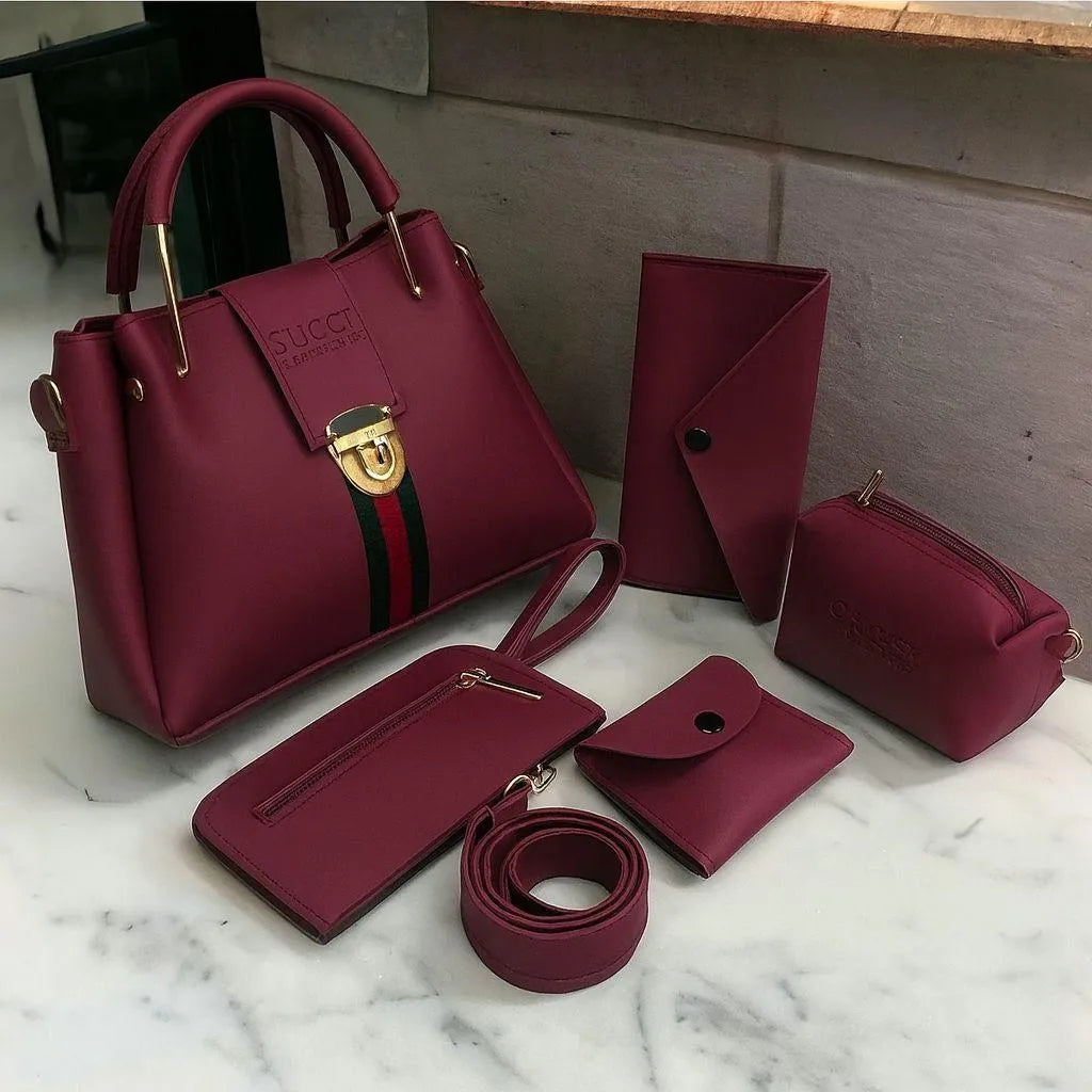 Maroon 5 Piece Rexine Handbag Set for Girl's