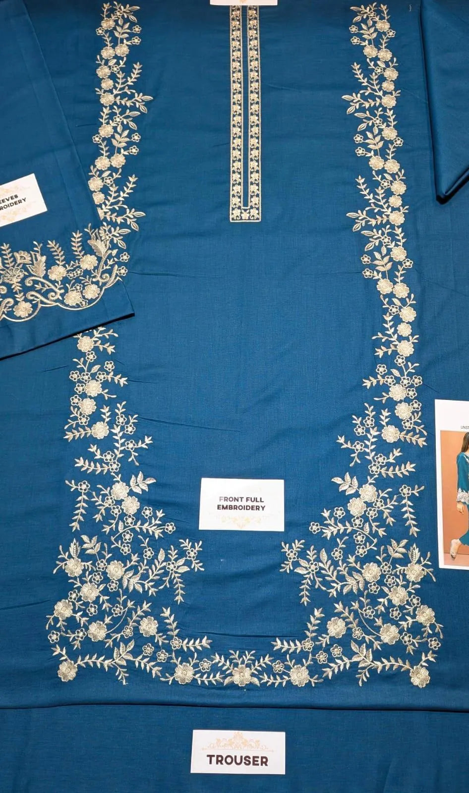 Unstitched Lawn Suit Blue Gold  Embroidery For Events