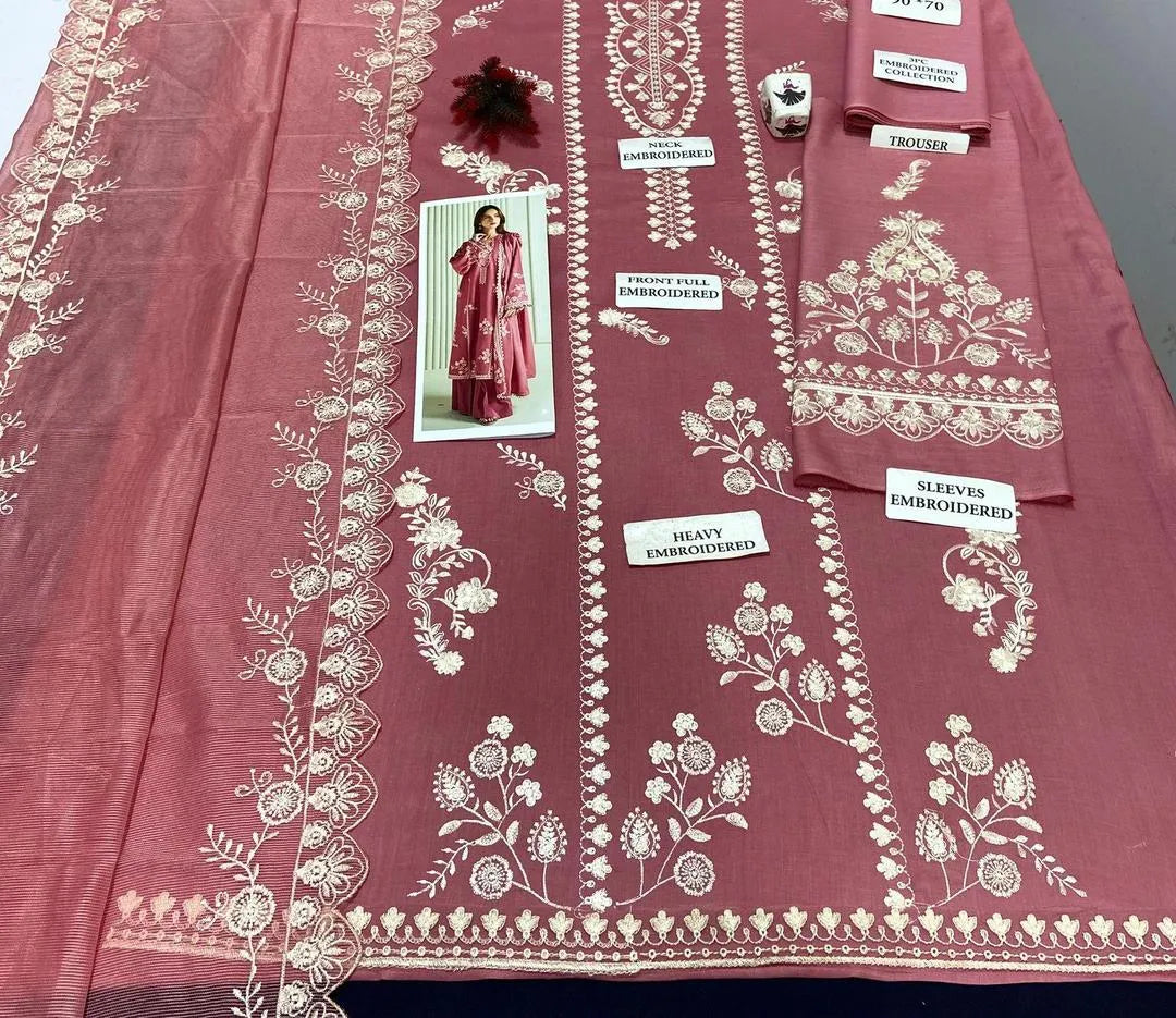 Pink Embroidered Lawn 3 Pcs Suit with Khaadi Dupatta