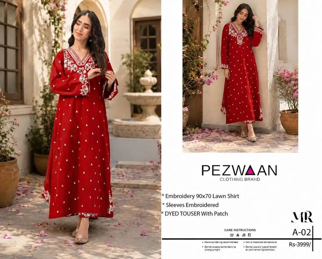 2 Pcs Embroidered Lawn Women Unstitched Suit