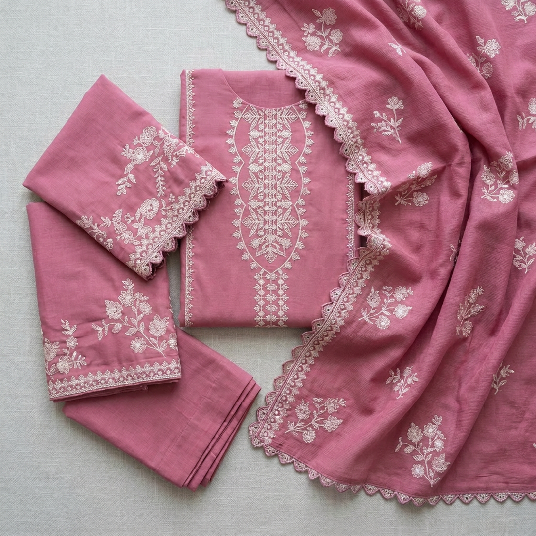 Pink Embroidered Lawn 3 Pcs Suit with Khaadi Dupatta