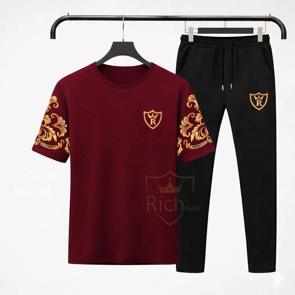 Men Maroon Richman Royal Printed Tracksuit Cotton Summer Set