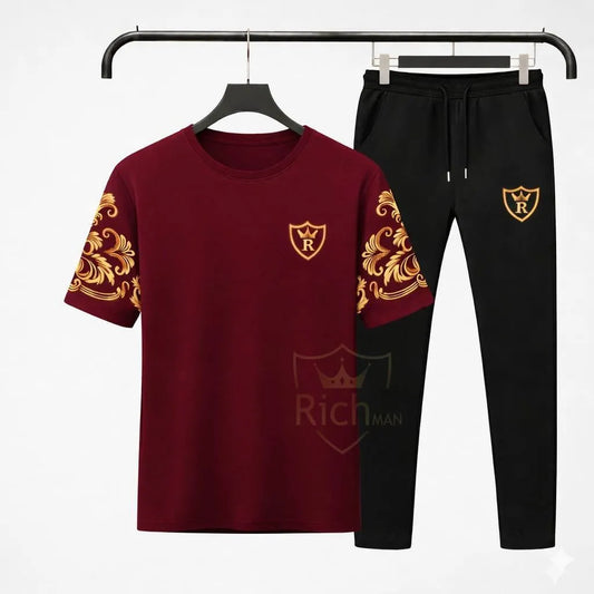 Men Maroon Richman Royal Printed Tracksuit Cotton Summer Set