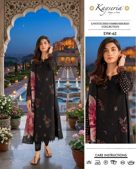 Kasriya Embroidered Lawn 3 Pcs Black Pink Suit