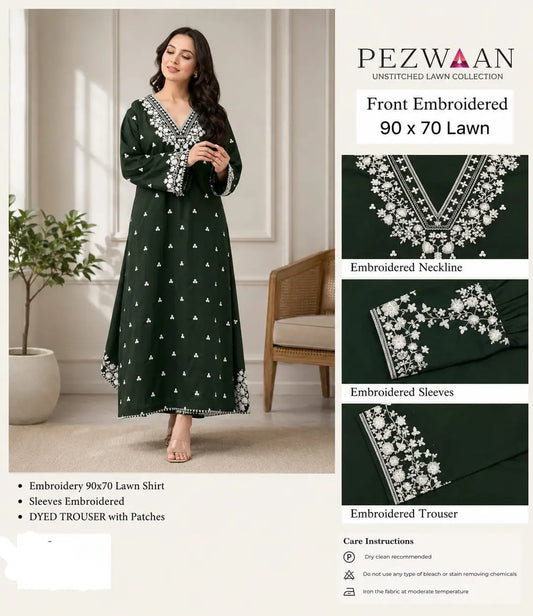 2 Pcs Embroidered Lawn Women Unstitched Suit