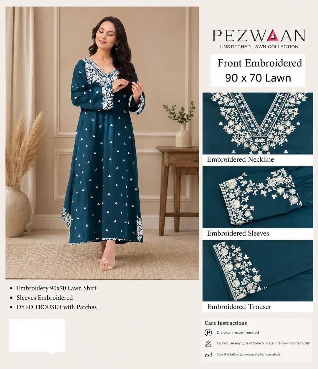 2 Pcs Embroidered Lawn Women Unstitched Suit