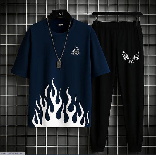 Men's Flame Print Blue Track Suit