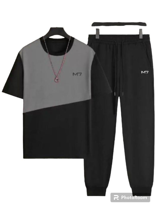 Men's Black Printed Tracksuit Set M7 Polyester