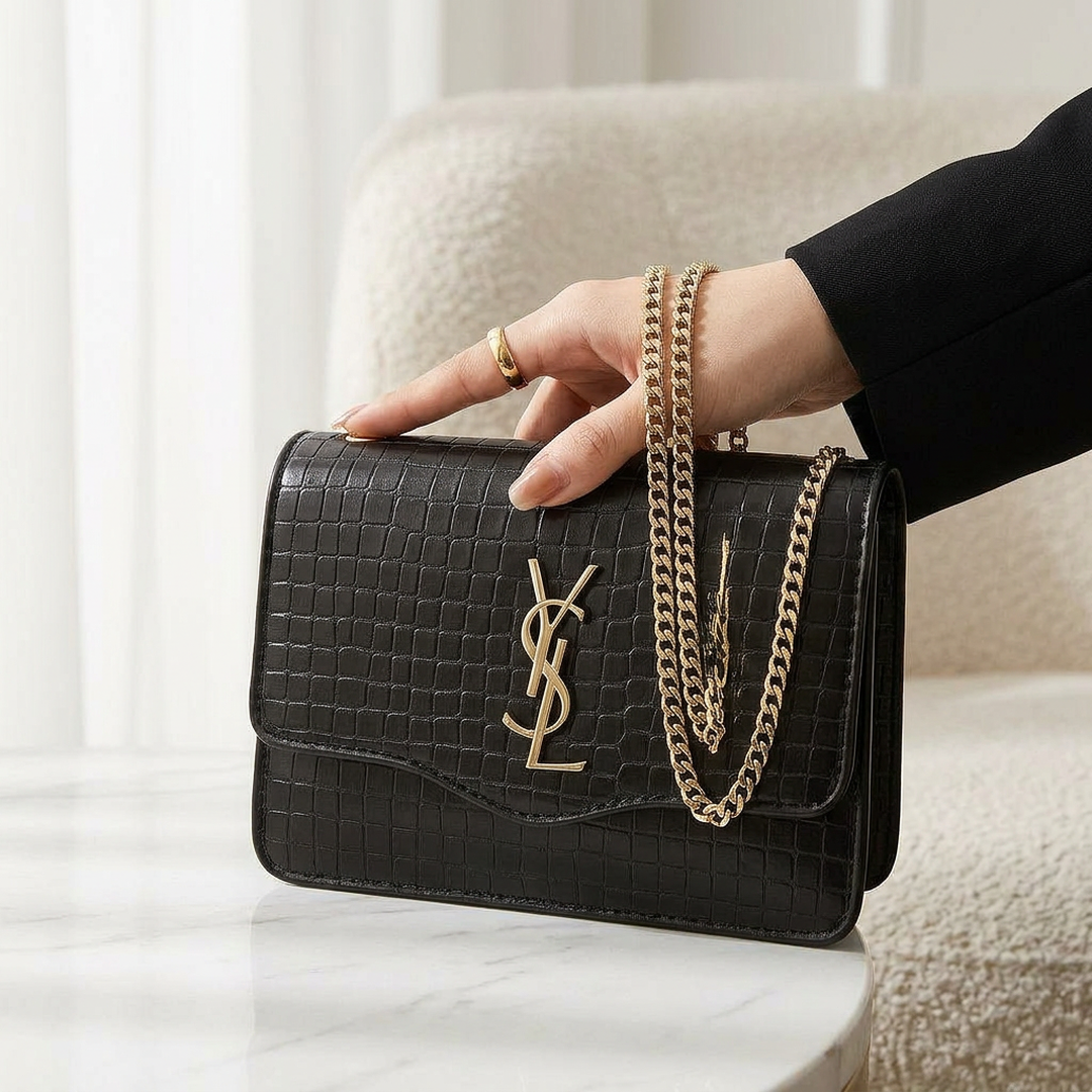Black Luxurious Crossbody Bag with Gold chain Strap